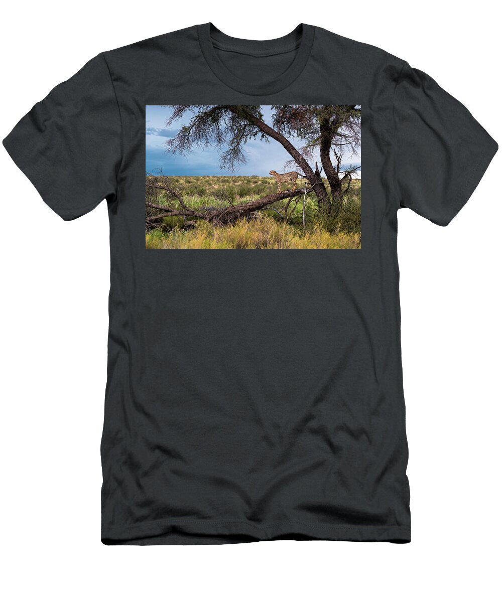Male Cheetah Standing on Fallen Tree Trunk Kgalagadi Ann Steve Toon Natureplcom T-Shirt