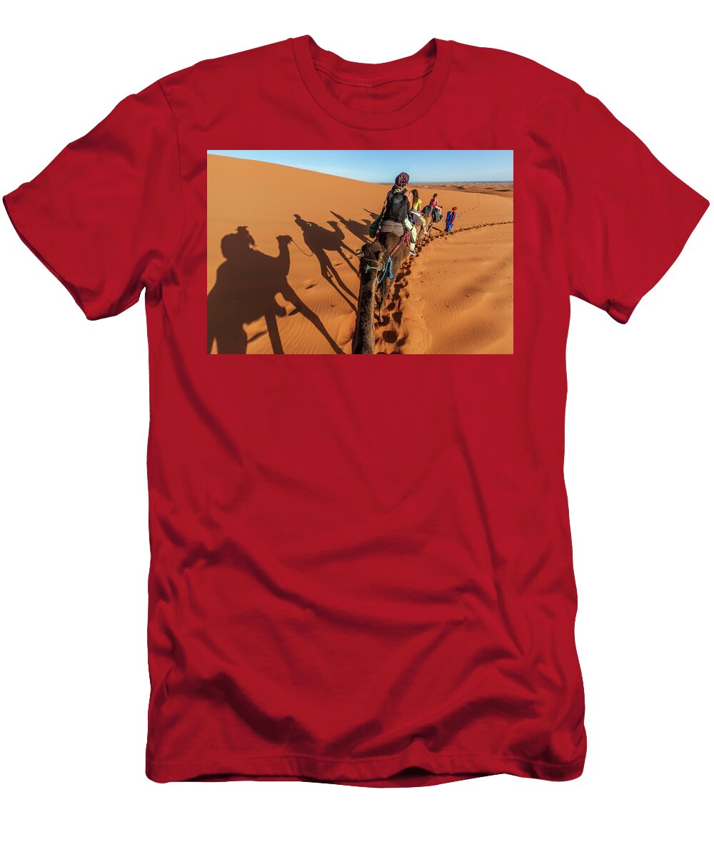 Tourists Trekking on Domestic Arabian Dromedary Camel Claudio Contreras Natureplcom T-Shirt
