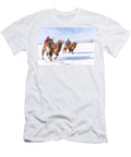 Two Mongolians Racing on Bactrian Camels on Snow Covered Sylvain Cordier Natureplcom T-Shirt