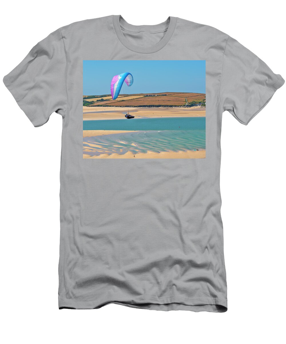 UK England Cornwall Great Britain South West Coast Path British Isles South West England Paragliding Over the River Camel At Daymer Bay Near Padstow Carlo Irek T-Shirt